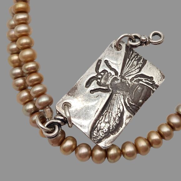 Sterling 925 Honey Bee Necklace 19" Womens Real Iridescent Champagne Pearl RARE - Picture 7 of 7